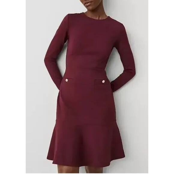 NWOT Ann Taylor Fit & Flare Dress Burgundy Crew Neck Long Sleeve Officewear 10 - Picture 1 of 5